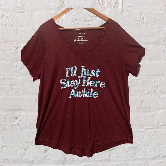 Torrid Burgundy Lace V Neck "I'll Just Stay Here Awhile" Short Sleeve Tee 1X - Picture 1 of 8